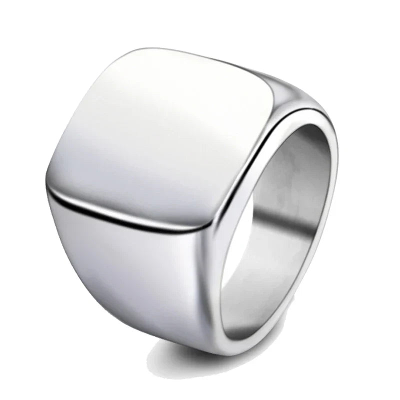 Stainless steel men's signet ring for personalized engraving with family photo; ideal for engagement or wedding.