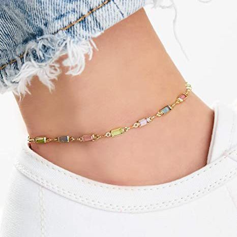 Colorful Women's Crystal Glass Round Oval Square Colored Anklet