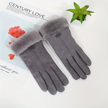 Women Winter Thick Plush Leather Gloves Warm Skiing Outdoor Lady.