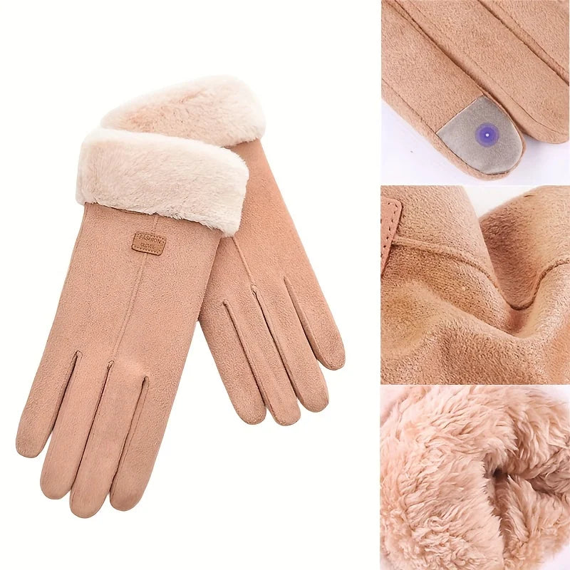 Women Winter Thick Plush Leather Gloves Warm Skiing Outdoor Lady.