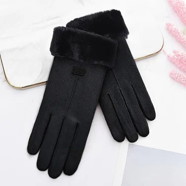 Women Winter Thick Plush Leather Gloves Warm Skiing Outdoor Lady.