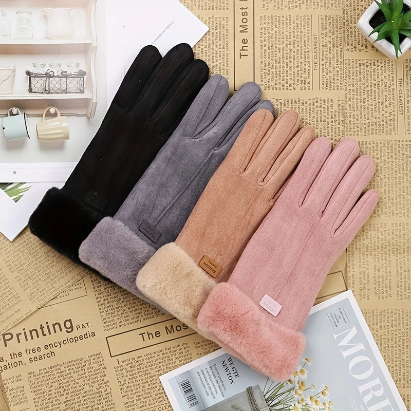 Women Winter Thick Plush Leather Gloves Warm Skiing Outdoor Lady.