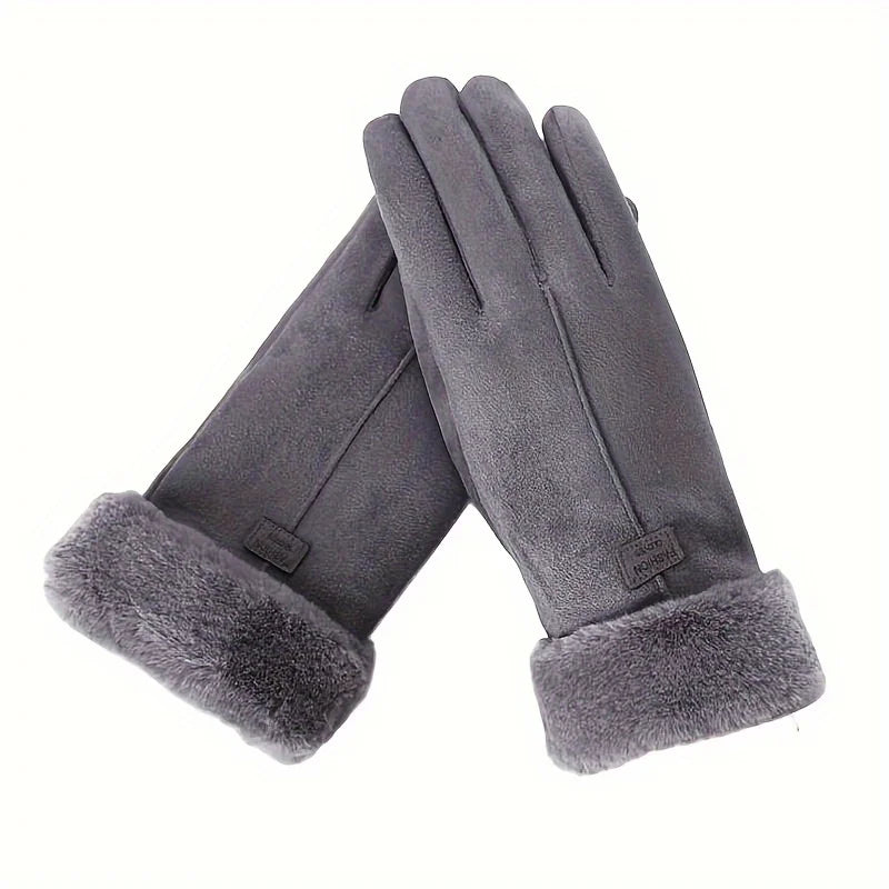 Women Winter Thick Plush Leather Gloves Warm Skiing Outdoor Lady.