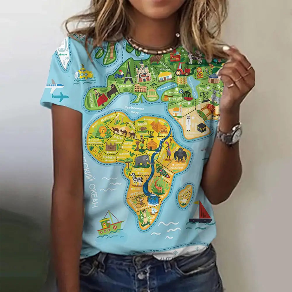 World Map Pattern Print Women's T-shirt, Casual O-neck, 3D Printing, Spandex Polyester, Short Sleeve