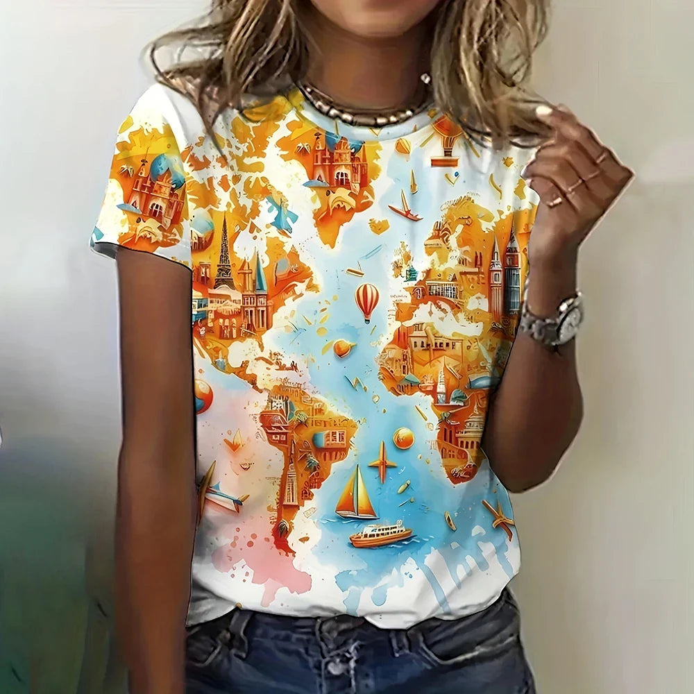 Women's T-shirt with world map pattern print and O-neck.