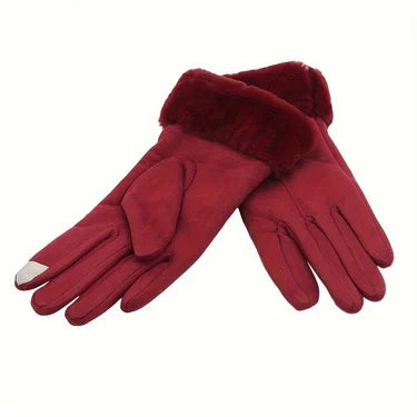 Women Winter Thick Plush Leather Gloves Warm Skiing Outdoor Lady.