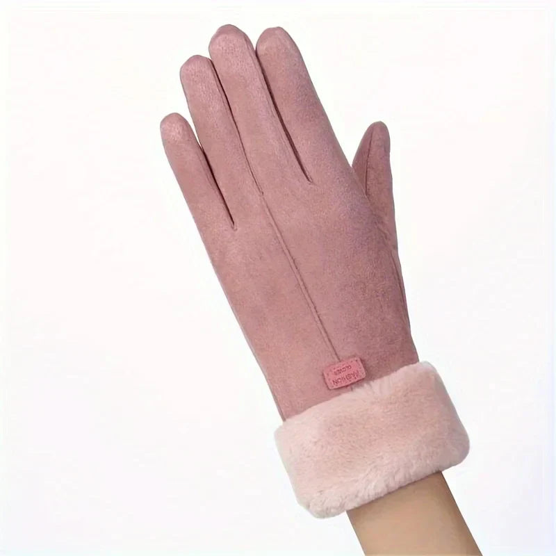 Women Winter Thick Plush Leather Gloves Warm Skiing Outdoor Lady.