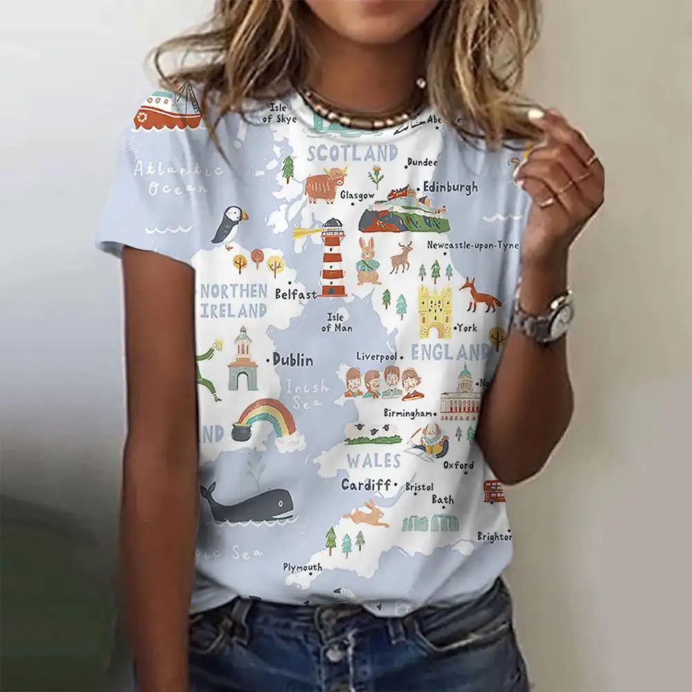 World map pattern print women's casual O-neck T-shirt, 3D printing, vibrant design, spandex-polyester blend.