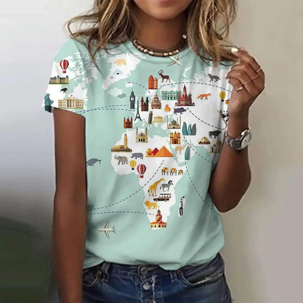 World map pattern women's casual O-neck T-shirt in vibrant 3D print.