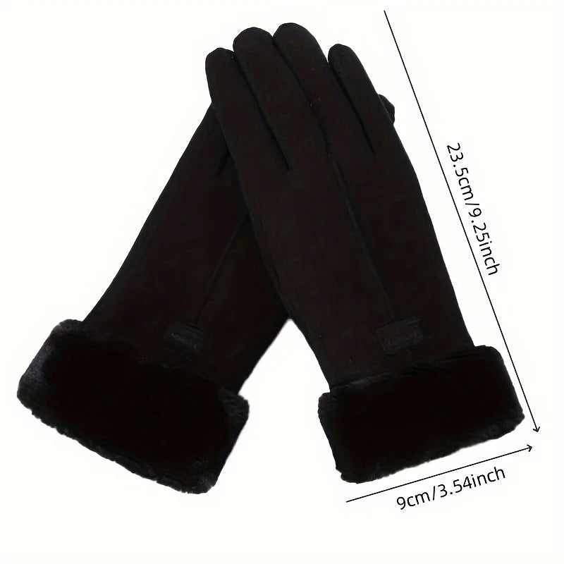 Women Winter Thick Plush Leather Gloves Warm Skiing Outdoor Lady.