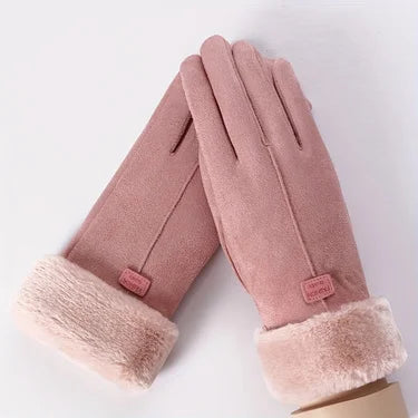 Women Winter Thick Plush Leather Gloves Warm Skiing Outdoor Lady.