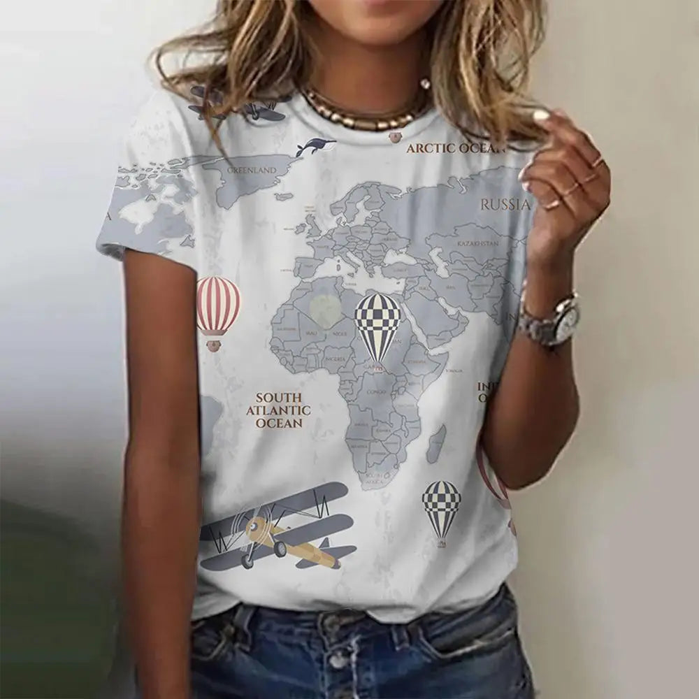 World map pattern print women's t-shirt with O-neck and short sleeves.