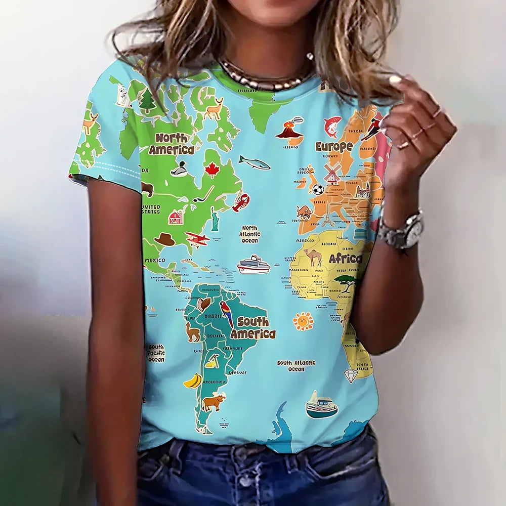 World map pattern women's T-shirt, casual O-neck design, vibrant 3D print.