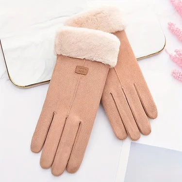 Women Winter Thick Plush Leather Gloves Warm Skiing Outdoor Lady.