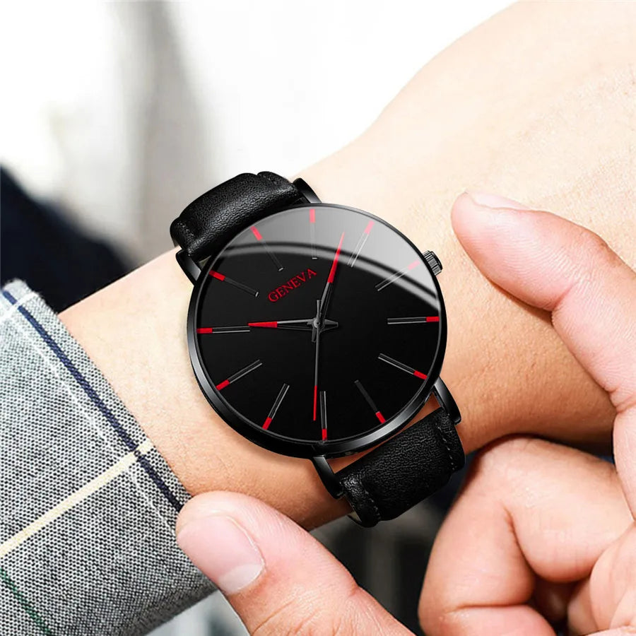 Luxury leather men's watch with black dial and red accents from a 3-piece set for casual fashion.