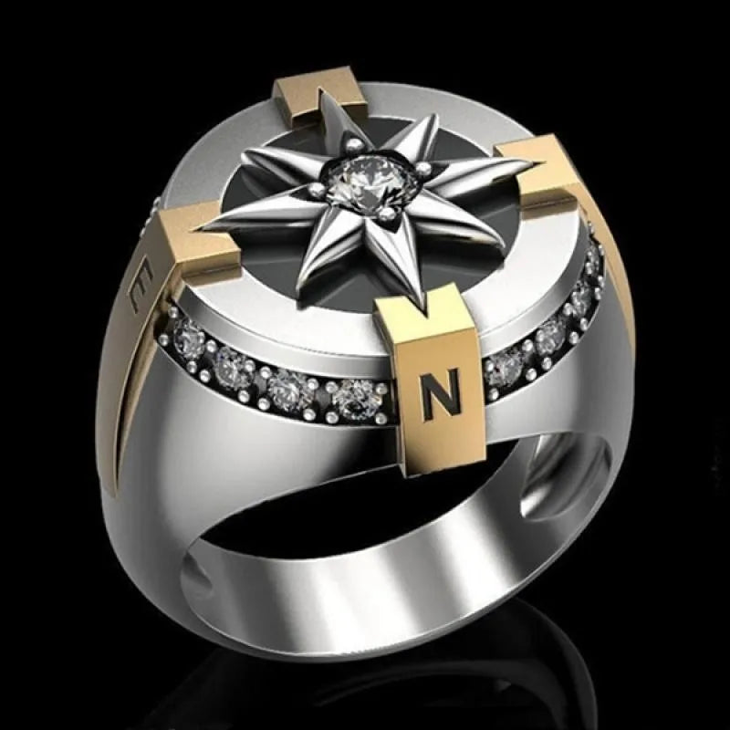 Gothic stainless steel ring with star design, gold accents, and fidget feature for men.