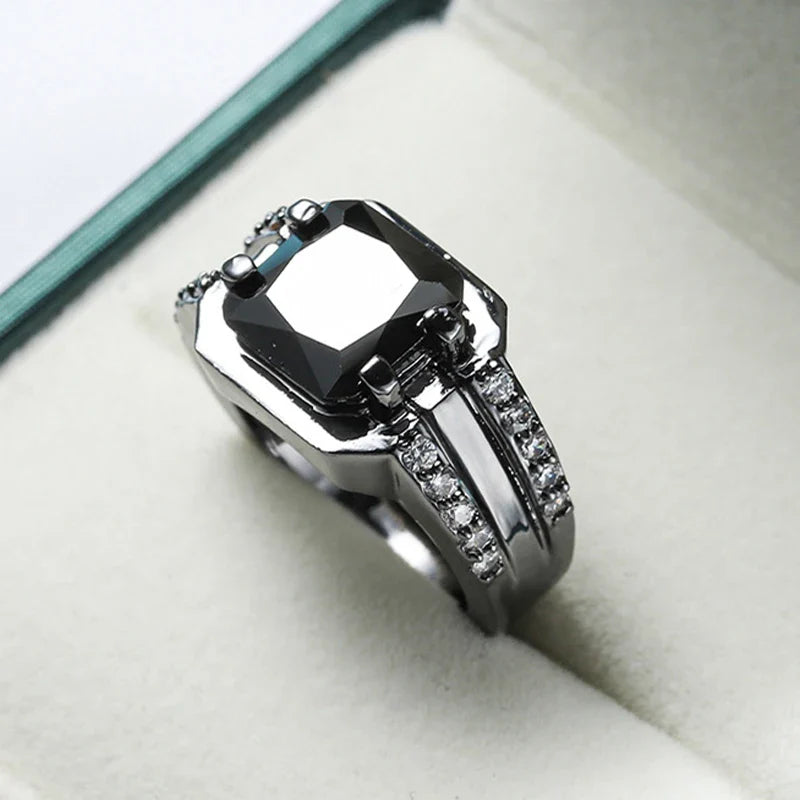 Real Pure black antique vintage men's ring with square onyx stone.