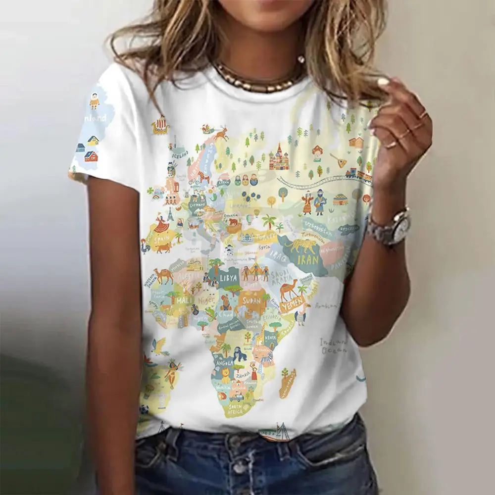 Women's T-shirt with vibrant 3D world map pattern print, casual O-neck design.