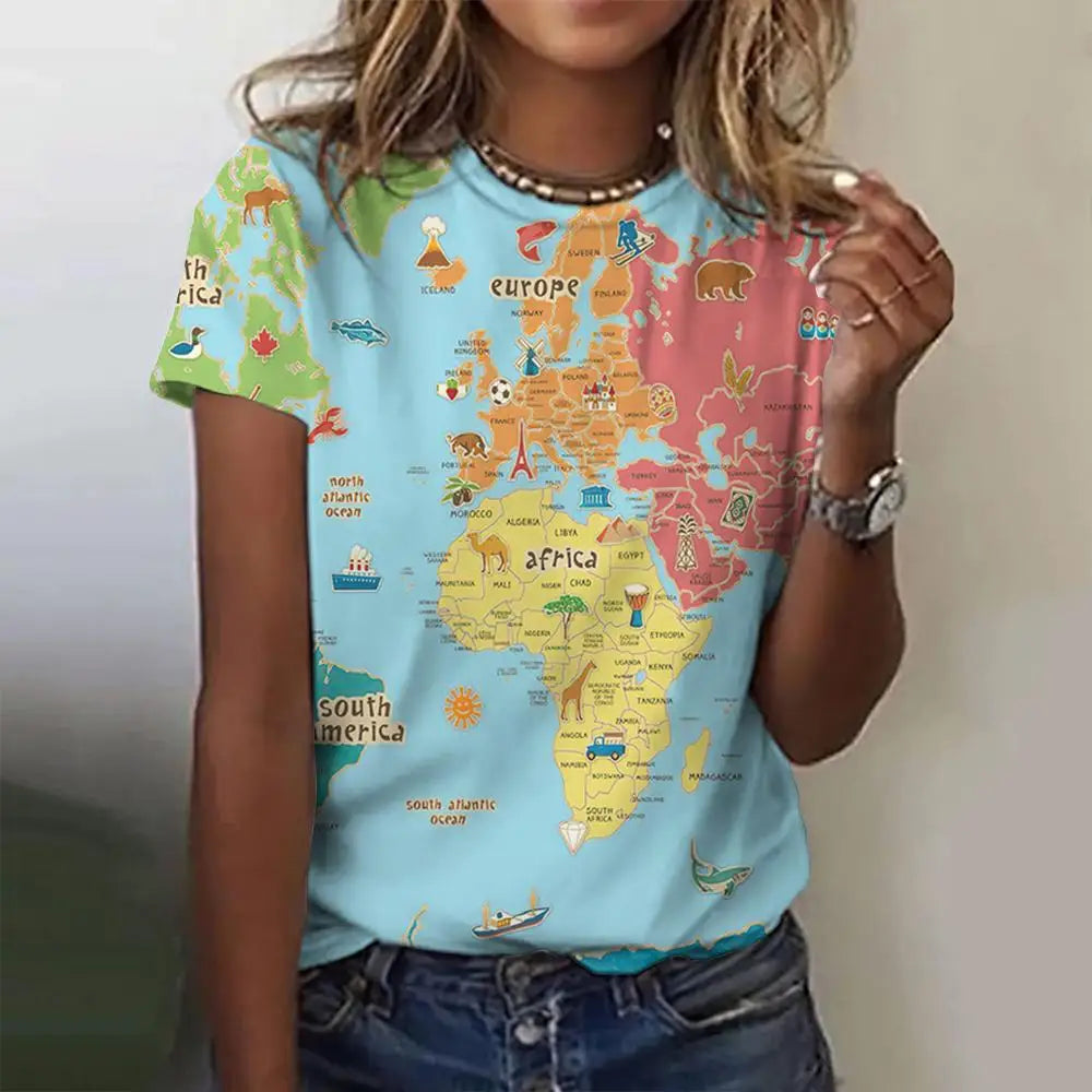 Women's casual O-neck T-shirt with colorful world map pattern print.