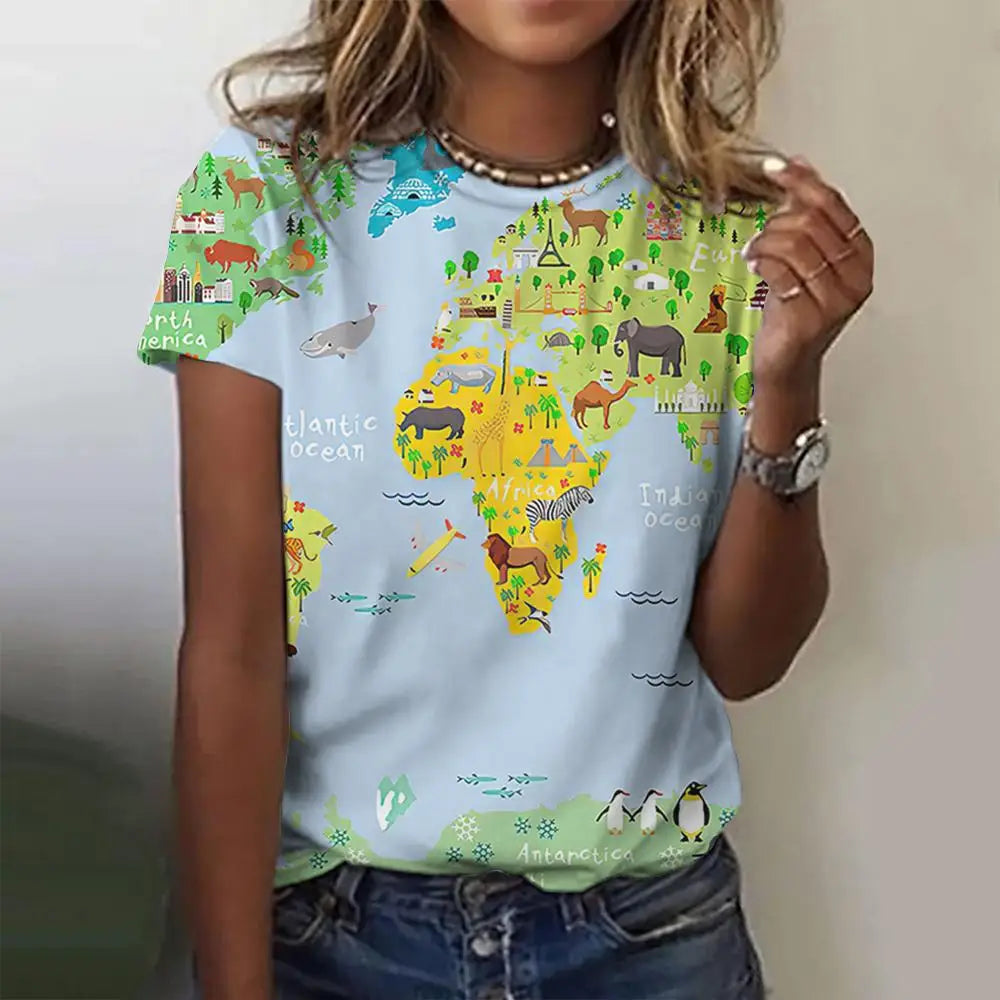 World Map Pattern Print Women's T-shirt, 3D vibrant design, casual o-neck, spandex and polyester, short sleeve.