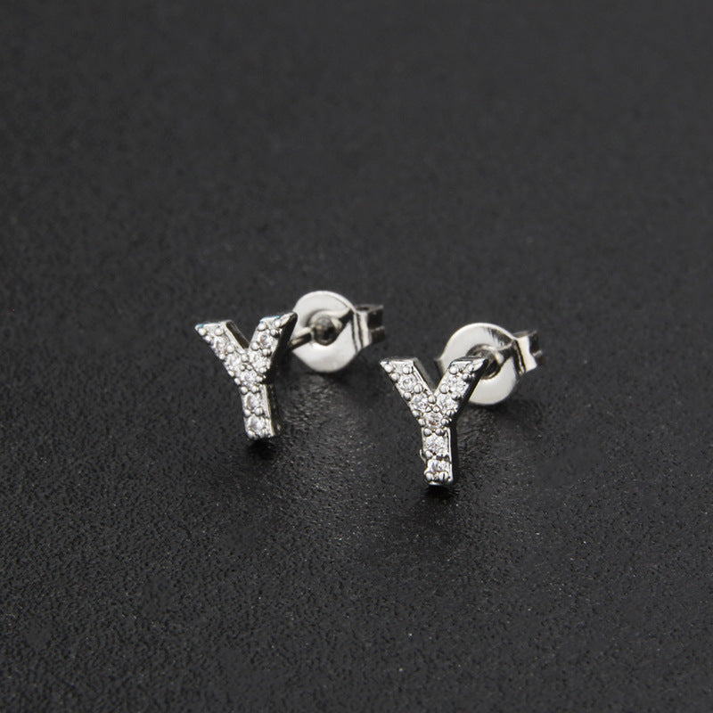 Diamond English Alphabet Letter Earrings Women's Simple Cooperized Silver Earrings
