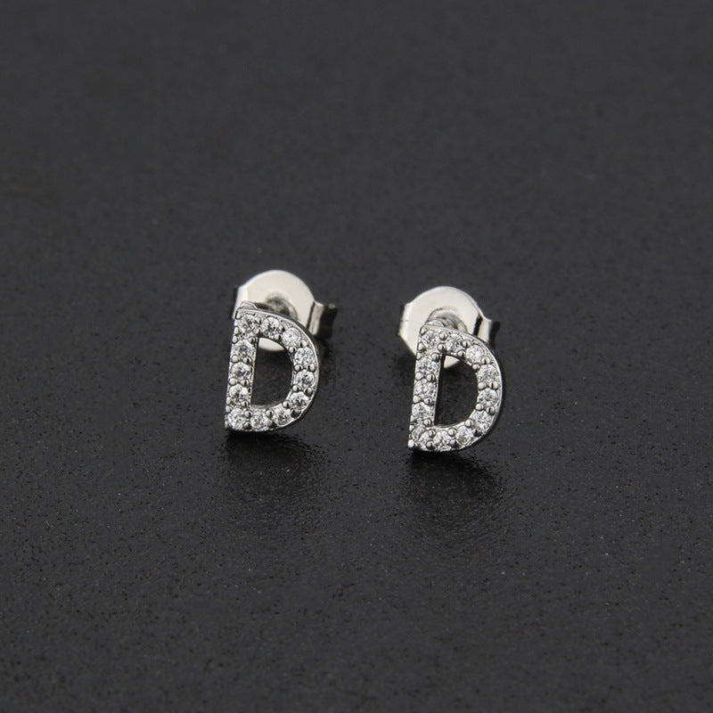 Diamond English Alphabet Letter Earrings Women's Simple Cooperized Silver Earrings