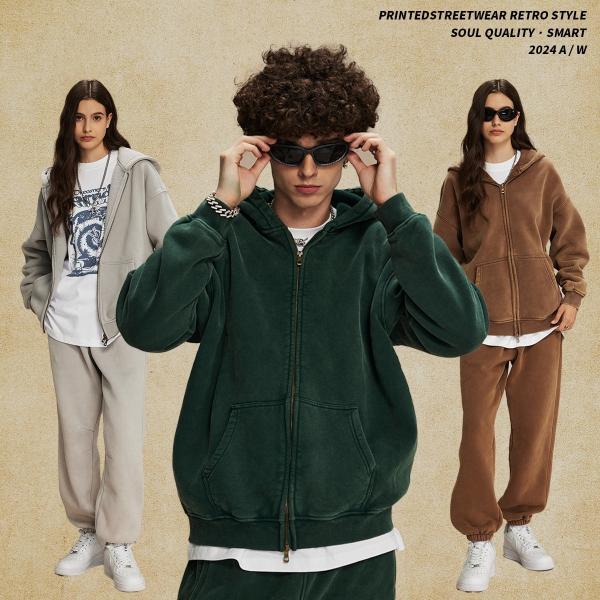 Men's Loose Waxed Vintage Worn Looking Washed-out Hoodie