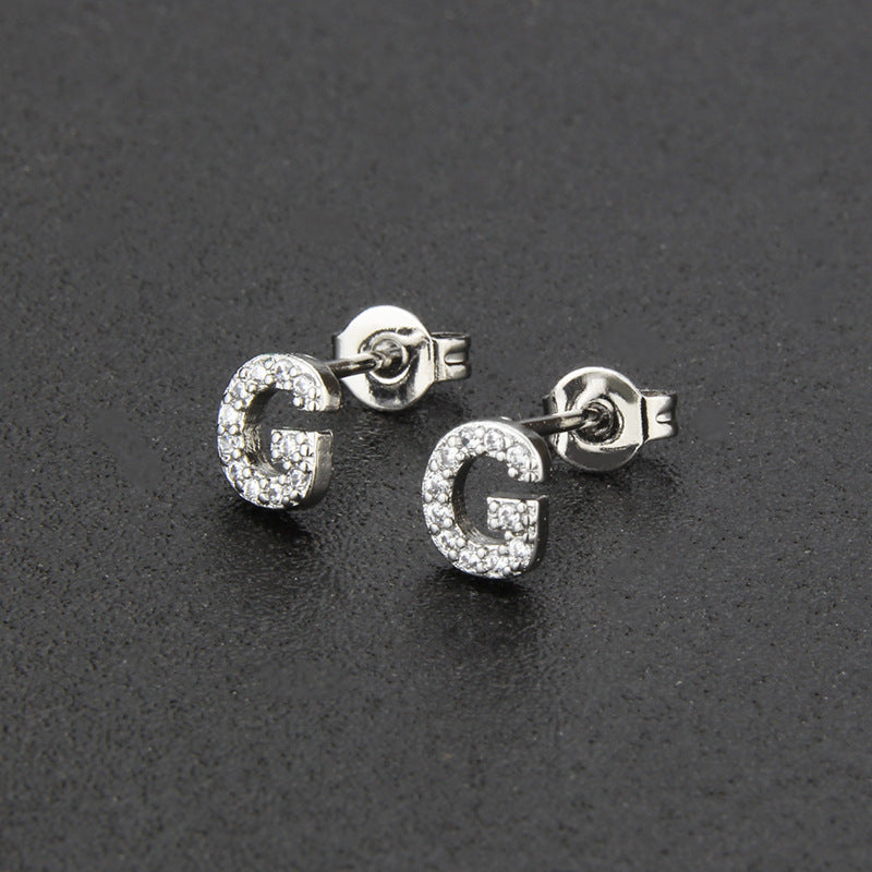 Diamond English Alphabet Letter Earrings Women's Simple Cooperized Silver Earrings