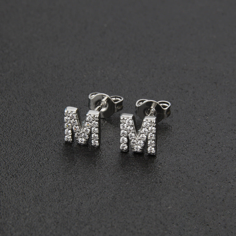 Diamond English Alphabet Letter Earrings Women's Simple Cooperized Silver Earrings