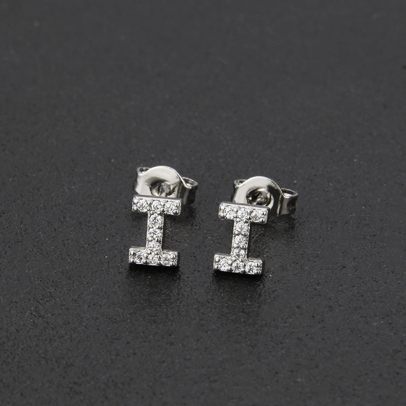 Diamond English Alphabet Letter Earrings Women's Simple Cooperized Silver Earrings