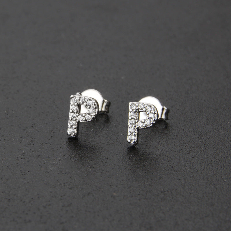 Diamond English Alphabet Letter Earrings Women's Simple Cooperized Silver Earrings