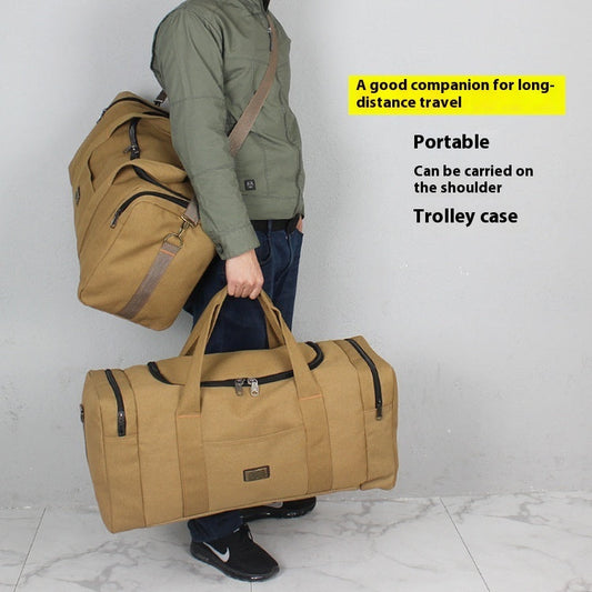 Encrypted Canvas Minimalism handbag in khaki, ideal for long-distance travel, featuring large capacity and solid color design.
