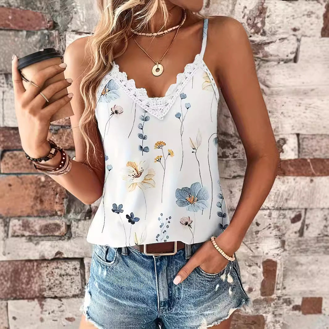 European And American Style Lace Printed Lace V-neck Pullover Strap