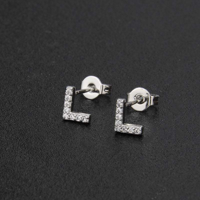 Diamond English Alphabet Letter Earrings Women's Simple Cooperized Silver Earrings