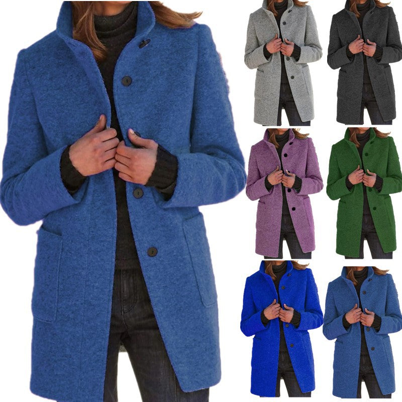 Women's Casual Woolen Trench Coat Winter Retro Single Button Jacket